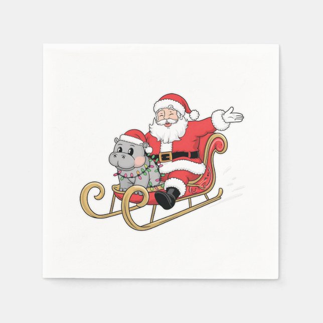 Santa Riding Sleigh with a Moo Deng Baby Hippo Napkin (Front)