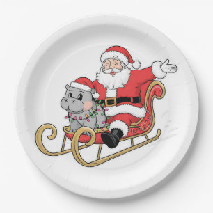 Santa Riding Sleigh with a Moo Deng Baby Hippo Paper Plate