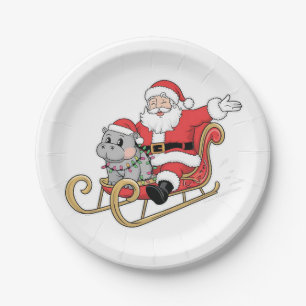 Santa Riding Sleigh with a Moo Deng Baby Hippo Paper Plate