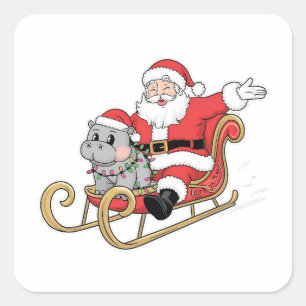 Santa Riding Sleigh with a Moo Deng Baby Hippo Square Sticker