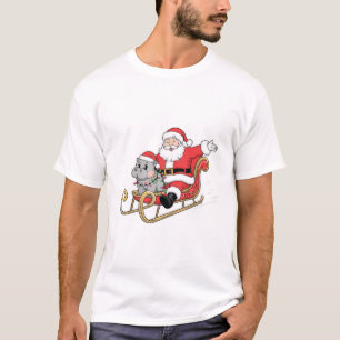 Santa Riding Sleigh with a Moo Deng Baby Hippo T-Shirt