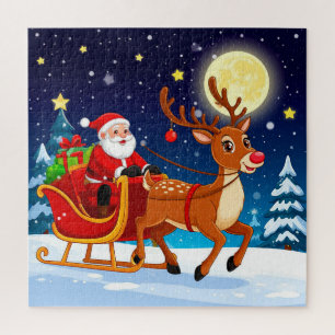 Santa Riding Sleigh With Reindeer Under Full Moon Jigsaw Puzzle