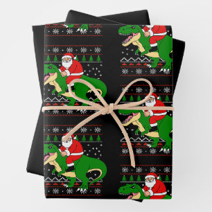 Santa Riding T Rex Christmas Dinosaur Ugly Xmas Wrapping Paper Sheet