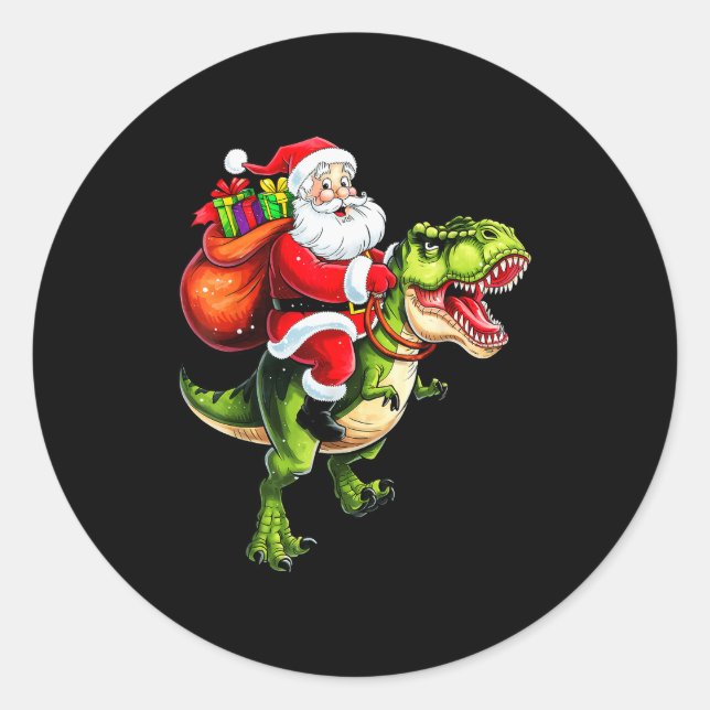 Santa Riding T Rex Christmas Funny Xmas Kids Boys  Classic Round Sticker (Front)