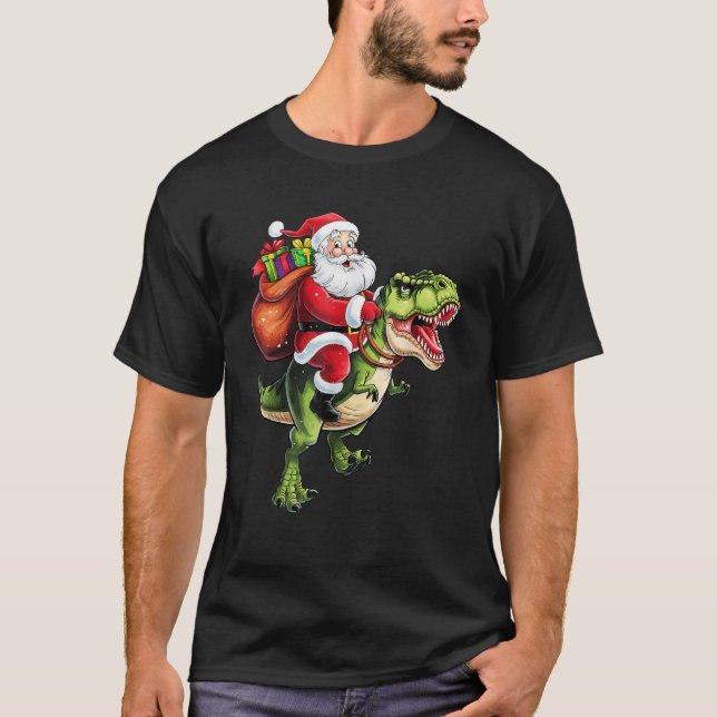 Santa Riding T rex Christmas Funny Xmas Kids Boys  T-Shirt (Front)