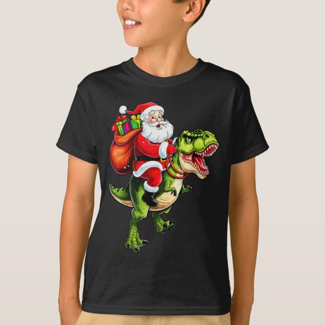 Santa Riding T Rex Christmas Funny Xmas Kids Boys  T-Shirt (Front)