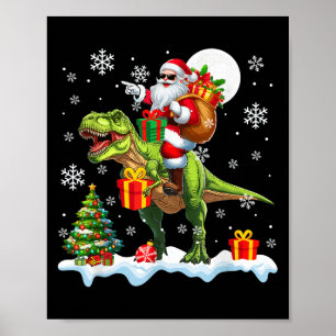 Santa Riding T-rex Christmas Tree Colourful Lights Poster