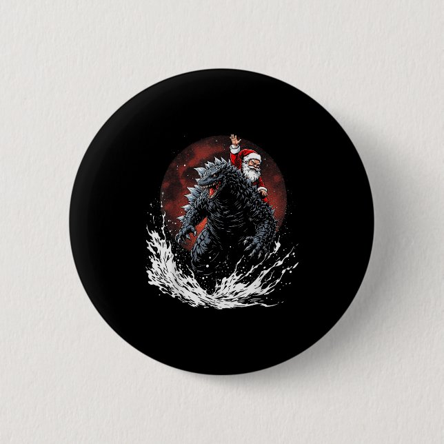 Santa Riding The Japanese Monster Kaiju For Christ 6 Cm Round Badge (Front)