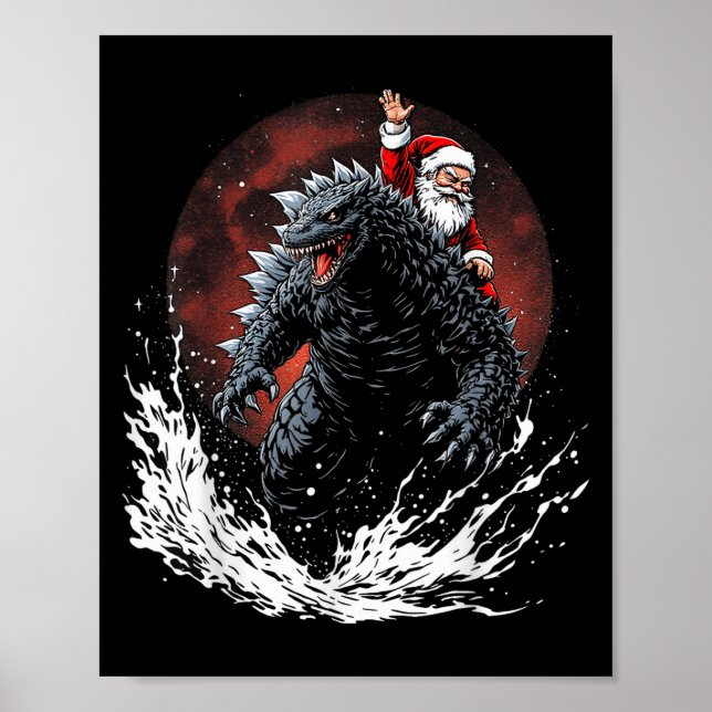Santa Riding The Japanese Monster Kaiju For Christ Poster (Front)
