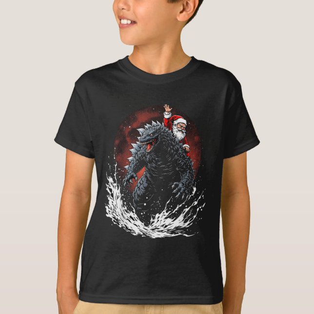 Santa Riding The Japanese Monster Kaiju For Christ T-Shirt (Front)
