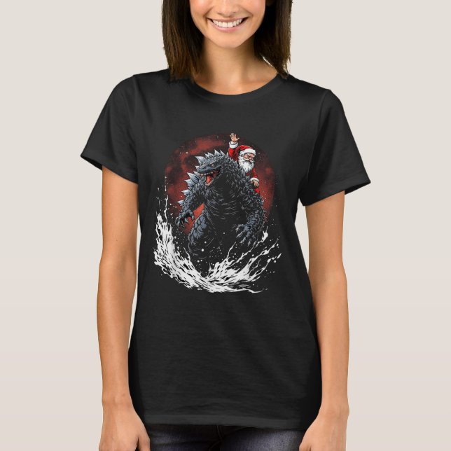 Santa Riding The Japanese Monster Kaiju For Christ T-Shirt (Front)