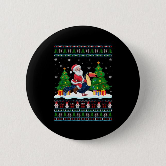 Santa Riding Toucans Tree Lights Ugly Christmas Sw 6 Cm Round Badge (Front)