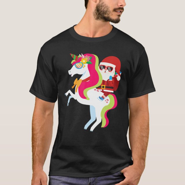 Santa Riding Unicorn Funny Cute Winter Girl Christ T-Shirt (Front)