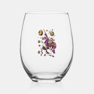 Santa Riding Unicorn In Space Christmas T-Shirt Stemless Wine Glass