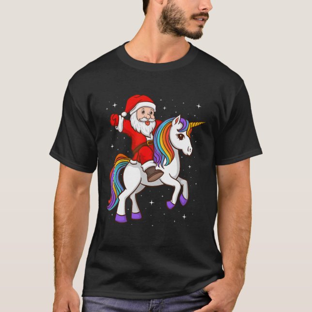 Santa Riding Unicorn Mystical Animal Xmas Magical  T-Shirt (Front)