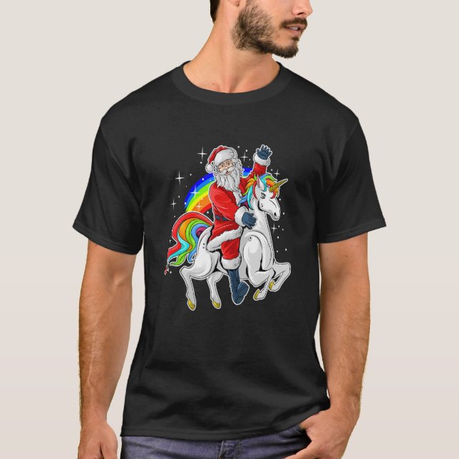 Santa Riding Unicorn Rainbow Christmas T-Shirt (Front)