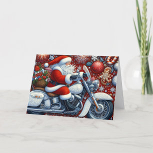 Santa Riding White Motorcycle Christmas Holiday Card
