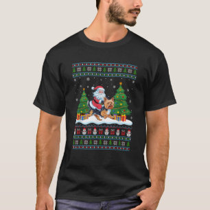 Santa Riding Yorkie Dog Tree Lights Ugly Christmas T-Shirt