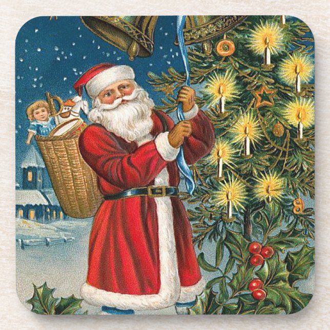 Santa Rings in Christmas Set of Cork Coasters (Front)