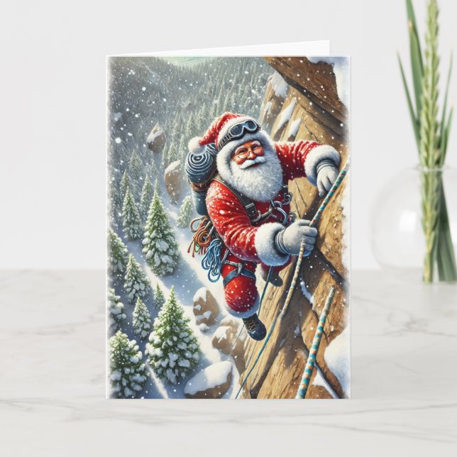 Santa Rock Climbing in Mountains Christmas Card (Front)