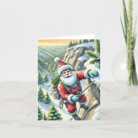Santa Rock Climbing in Mountains Christmas Card