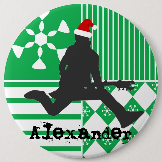 Santa Rock Star Christmas Stocking Name Tag Button (Front)