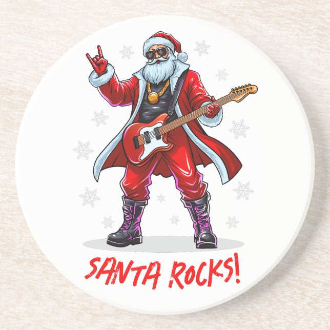 Santa Rocks! Funny Santa Claus playing guitar Coaster (Front)