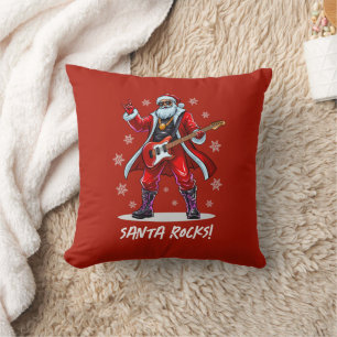 Santa Rocks! Funny Santa Claus playing guitar Cushion