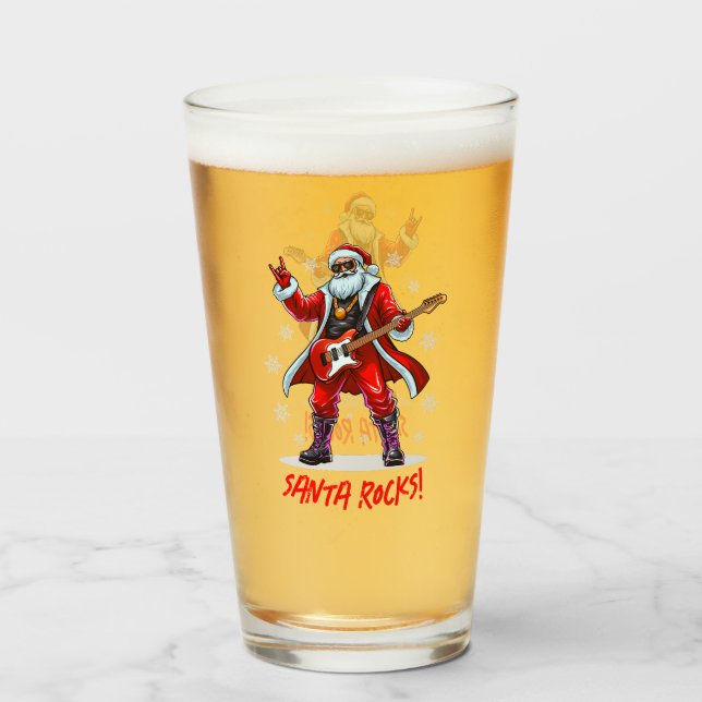 Santa Rocks! Funny Santa Claus playing guitar Glass (Front Filled)