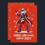 Santa Rocks! Funny Santa Claus playing guitar Holiday Card<br><div class="desc">Rock around the Christmas tree with this unique t-shirt design featuring Santa Claus as a rock star! In this fun illustration, Santa jams out on a guitar with the bold 'Santa Rocks!' text below, bringing an edgy twist to holiday cheer. Perfect for anyone who loves music, humour, and the festive...</div>