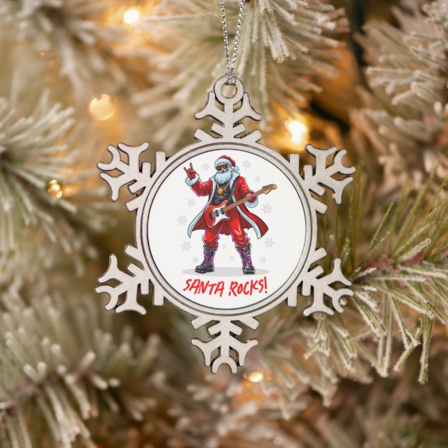 Santa Rocks! Funny Santa Claus playing guitar Snowflake Pewter Christmas Ornament (Tree)
