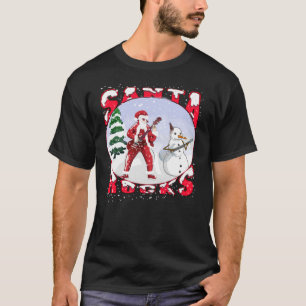 Santa Rocks Playing Guitar With Snowman T-Shirt