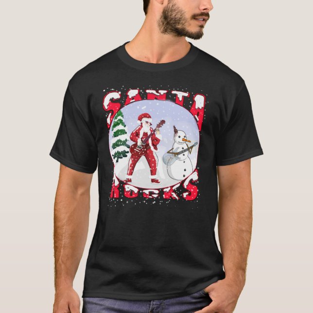 Santa Rocks Playing Guitar With Snowman T-Shirt (Front)