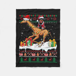 Santa Rottweiler Riding Giraffe Christmas Sweater Fleece Blanket