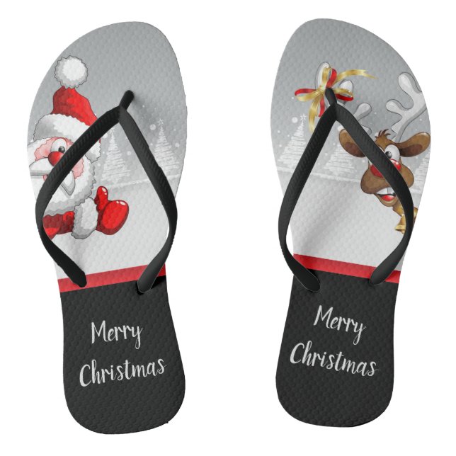 Santa Rudolf Cartoon Merry Christmas Flip Flops (Footbed)