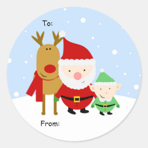 Santa, Rudolph and Elf Christmas Tag, To: From: Classic Round Sticker