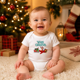 Santa & Rudolph in Aeroplane with Sleigh,Christmas Baby Bodysuit