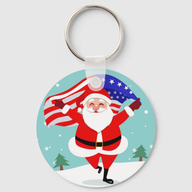 Santa running with american flag key ring (Front)