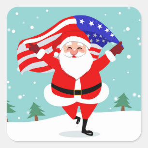 Santa running with american flag square sticker