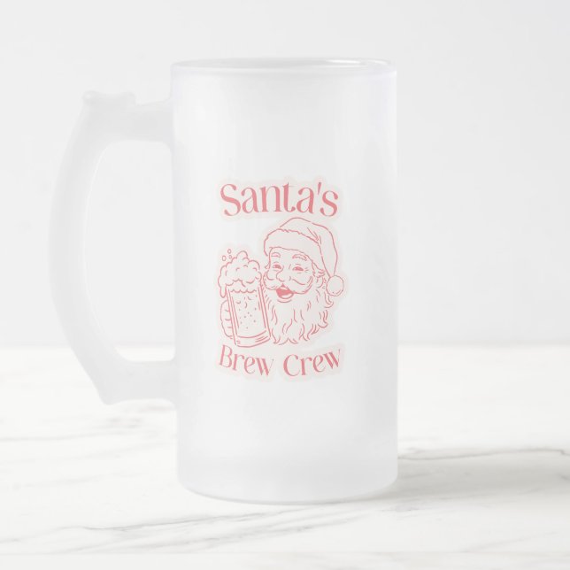 Santa’s Brew Crew Christmas Frosted Glass Beer Mug (Left)