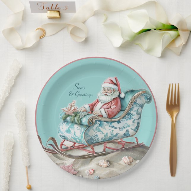 Santa’s Chinoiserie Sleigh on beach  Paper Plate (Wedding)