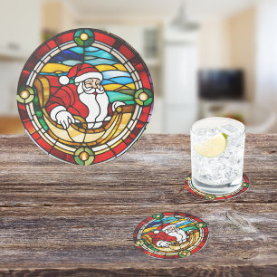 Santa’s Coming to Town Stained Glass Look Round Paper Coaster
