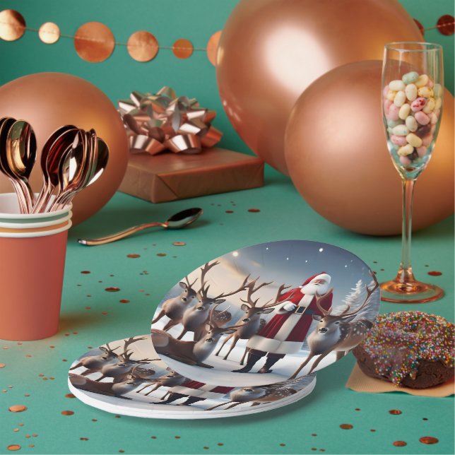 Santa’s Crew:Father Christmas Poses With Reindeers Paper Plate (Multi)