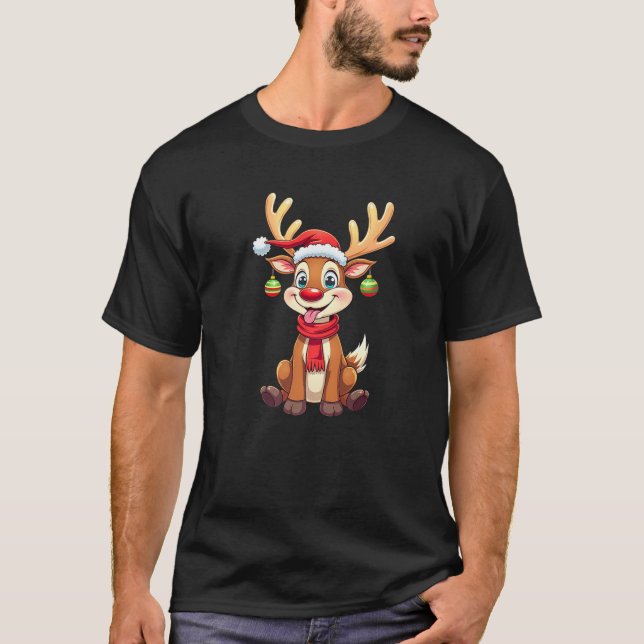 Santa s Cute Reindeer Funny XMas Matching PJS Prem T-Shirt (Front)