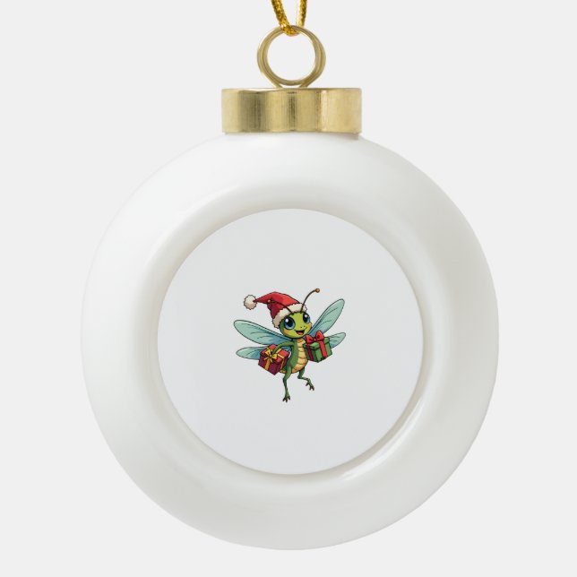 Santa’s Dragonfly Helper Ceramic Ball Christmas Ornament (Front)