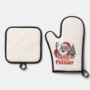Santa’s Favorite Flosser Christmas Dental Dentist Oven Mitt & Pot Holder Set