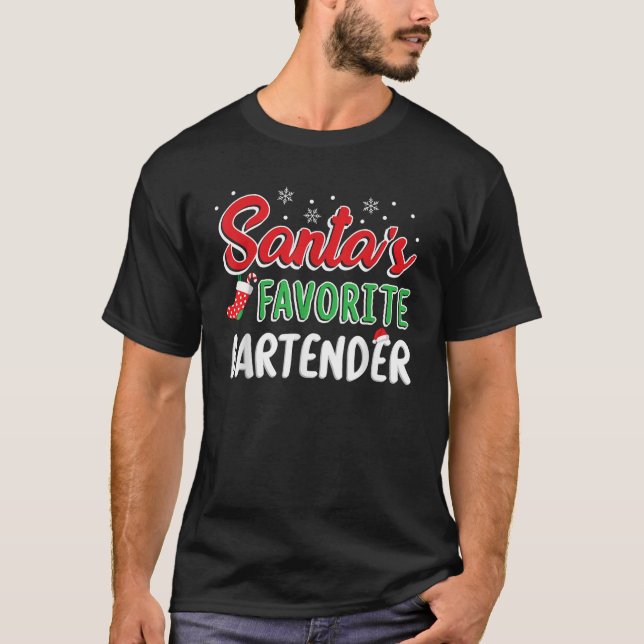 Santa s Favourite Bartender  Cute Xmas Party Drink T-Shirt (Front)