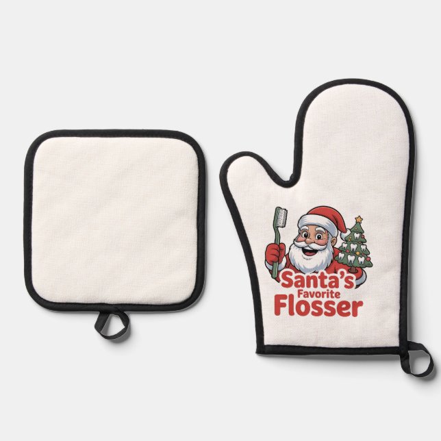 Santa’s Favourite Flosser Christmas Dental Dentist Oven Mitt & Pot Holder Set (Front)
