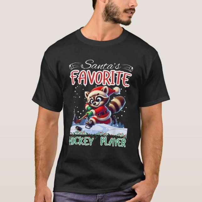Santa s Favourite Hockey Player Racoon Ice Hockey  T-Shirt (Front)