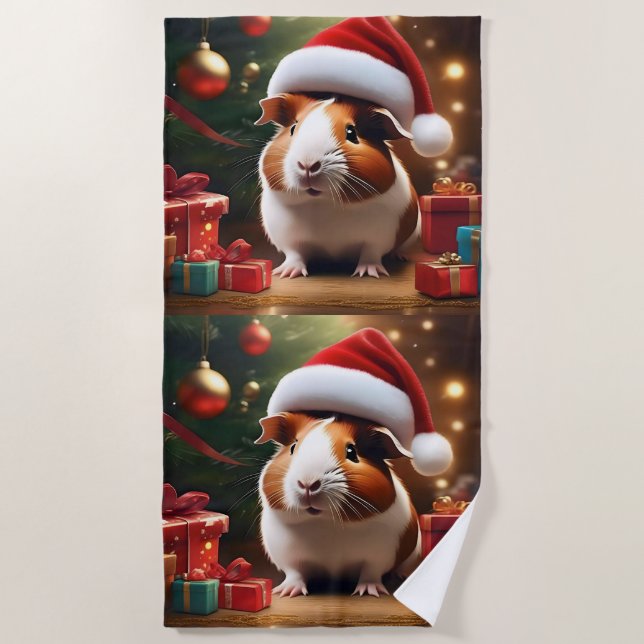 "Santa’s Little Helper: The Christmas Guinea Pig" Beach Towel (Front)